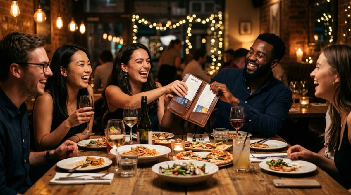 Friends dining at restaurant table background